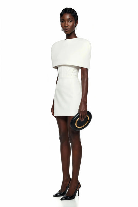 Brinley Mini Dress White Corset Set with Structured Cape