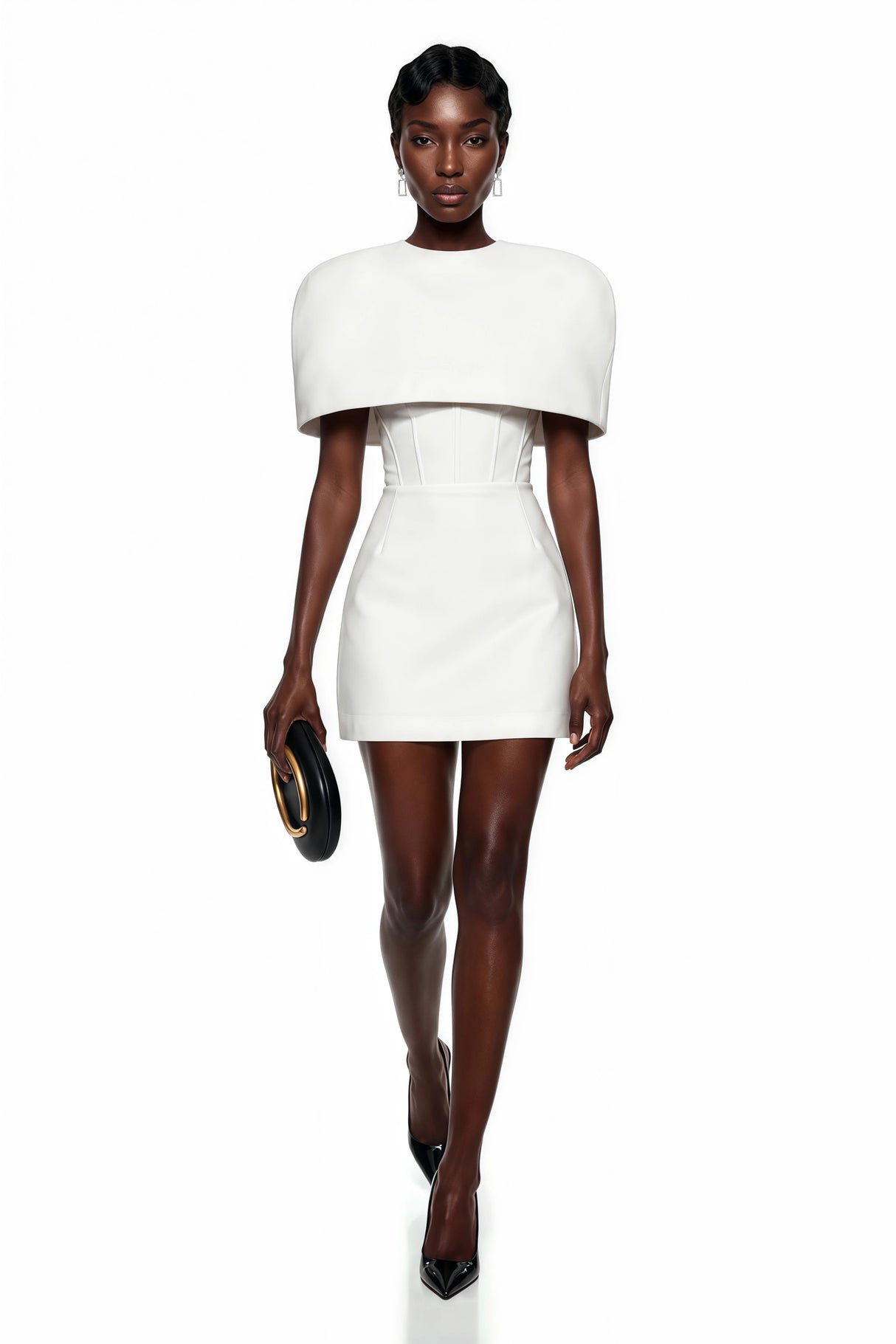 Leonora White Corset Mini Dress Set with Structured Cape