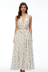 Leonora White Halterneck Ruched Maxi Dress