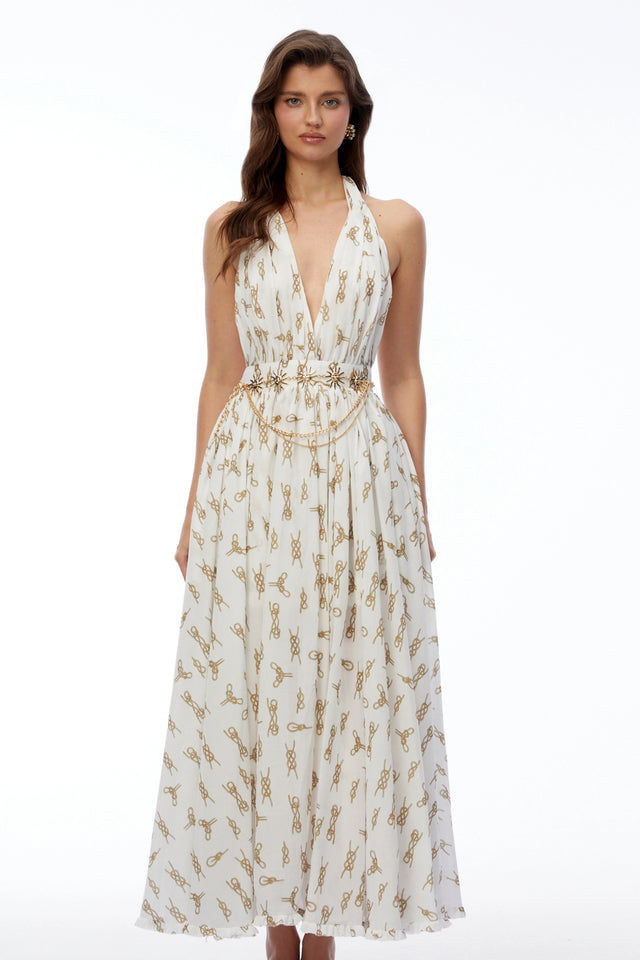 Leonora White Halterneck Ruched Maxi Dress