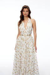 Leonora White Halterneck Ruched Maxi Dress