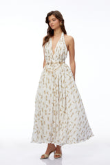 Leonora White Halterneck Ruched Maxi Dress