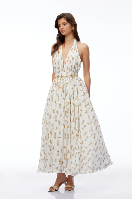 Renata Maxi Dress White Halterneck Ruched