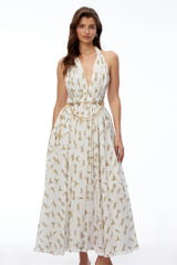 Leonora White Halterneck Ruched Maxi Dress
