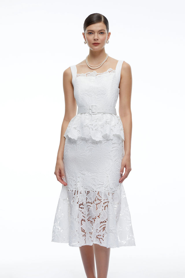 Leontine White Lace Peplum Midi Dress