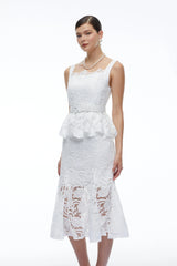 Leontine White Lace Peplum Midi Dress