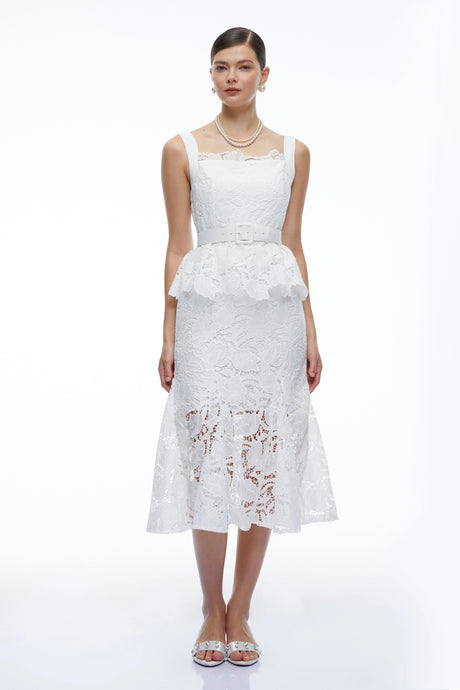 Julia Midi Dress White Lace Peplum