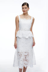 Leontine White Lace Peplum Midi Dress