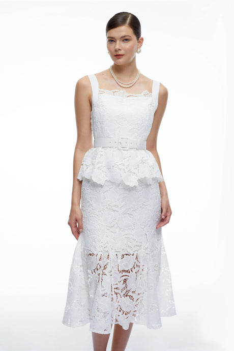 Julia Midi Dress White Lace Peplum