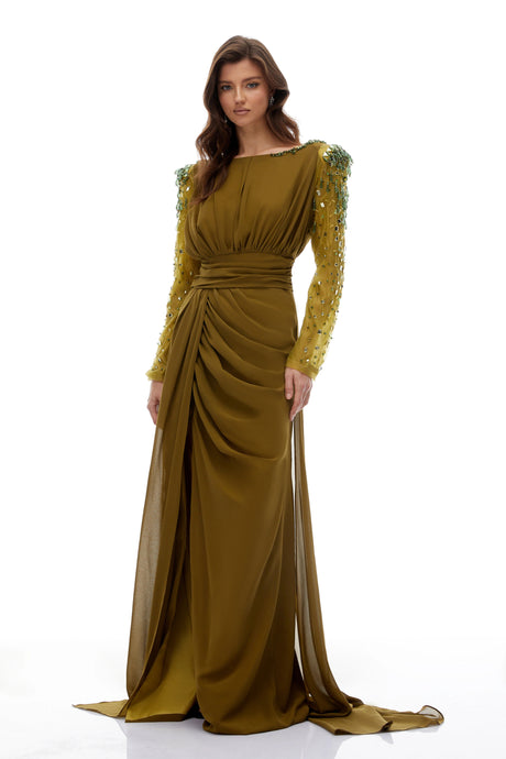 Ivana Green Embellished Draped Chiffon Maxi Gown