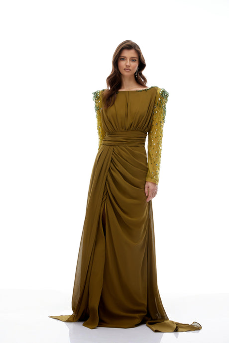 Ivana Green Embellished Draped Chiffon Maxi Gown
