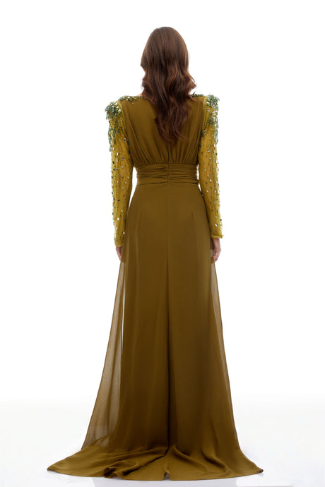 Ivana Green Embellished Draped Chiffon Maxi Gown