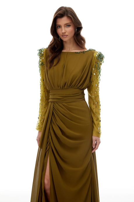 Ivana Green Embellished Draped Chiffon Maxi Gown