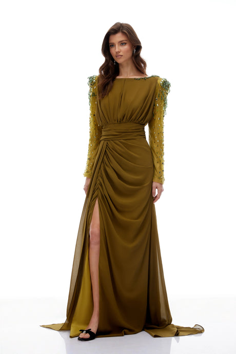 Ivana Green Embellished Draped Chiffon Maxi Gown