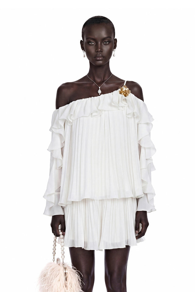Lesley White OffShoulder Ruffled Pleated Top  Skirt Set