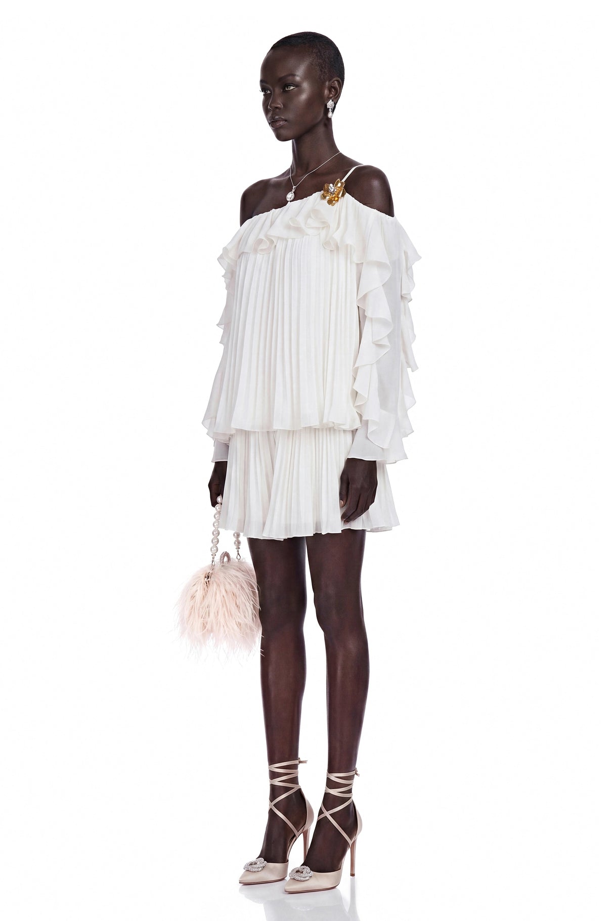 Lesley White OffShoulder Ruffled Pleated Top  Skirt Set