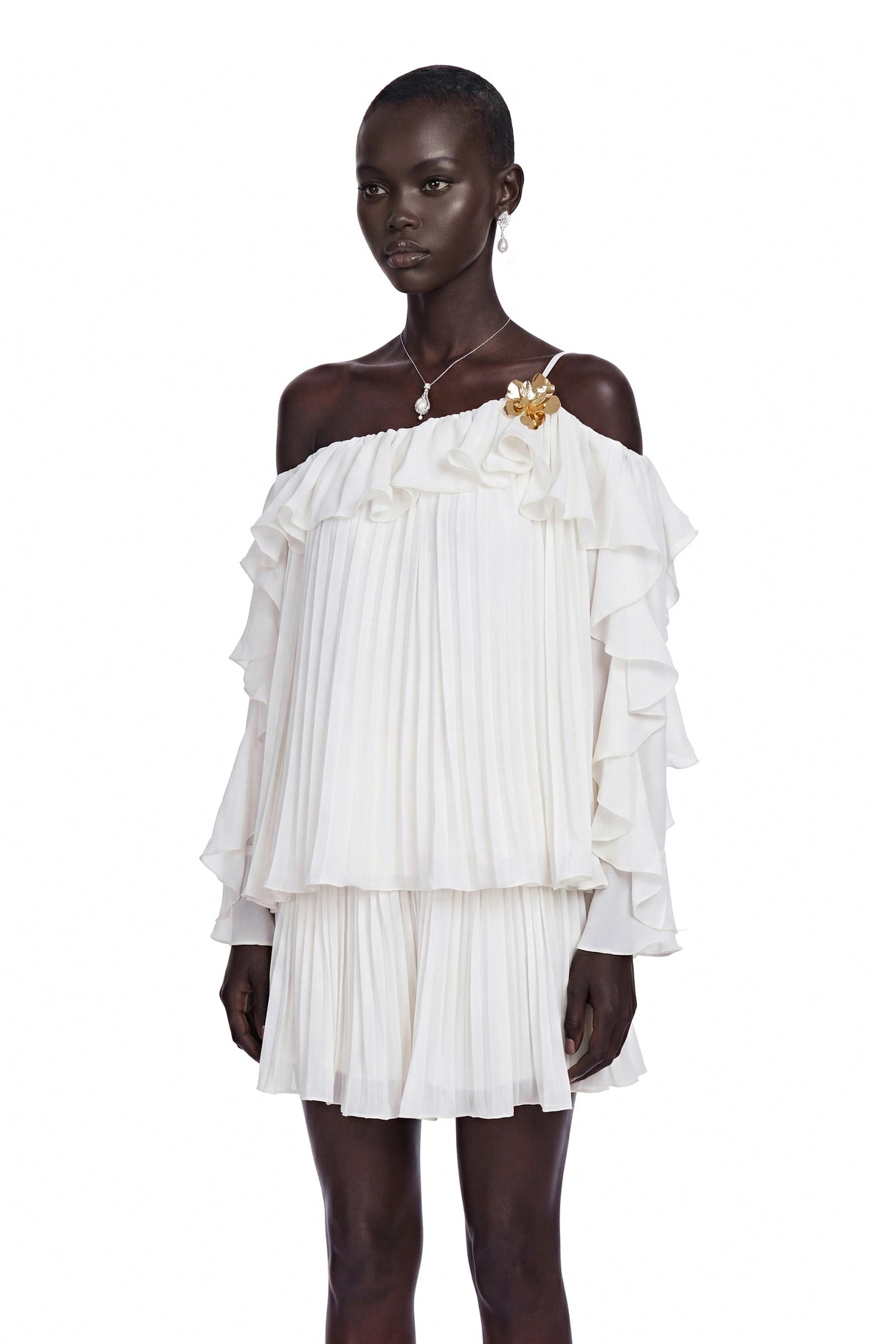Lesley White OffShoulder Ruffled Pleated Top  Skirt Set