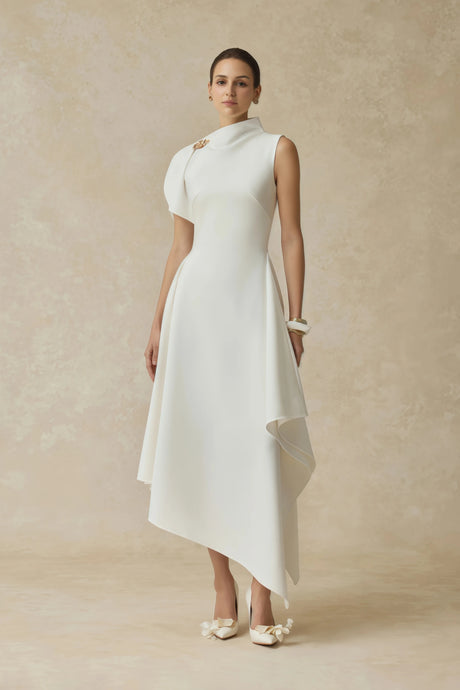 Lorelei Midi Dress White Asymmetrical Flared