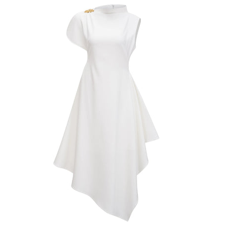Eden Midi Dress White Asymmetrical Flared