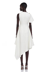 Liana White Asymmetrical Flared Midi Dress