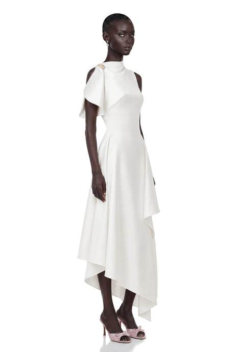 Eden Midi Dress White Asymmetrical Flared