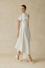 Liana White Asymmetrical Flared Midi Dress