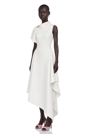 Liana White Asymmetrical Flared Midi Dress