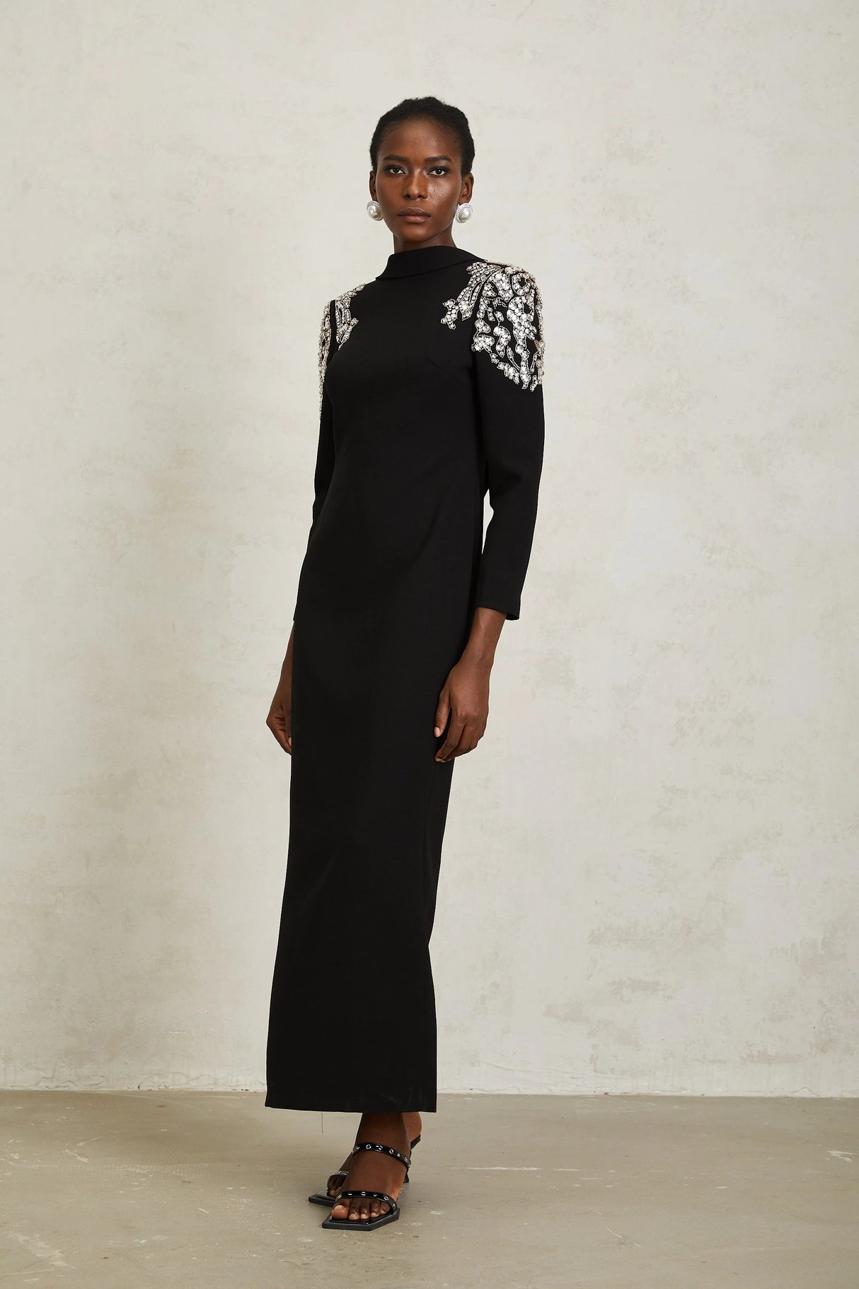 Lidia Black Open Back Embellished Maxi Dress