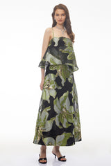 Lídia Green Floral Print Tiered Maxi Dress