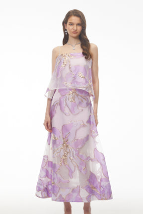 Lídia Purple Floral Print Tiered Maxi Dress