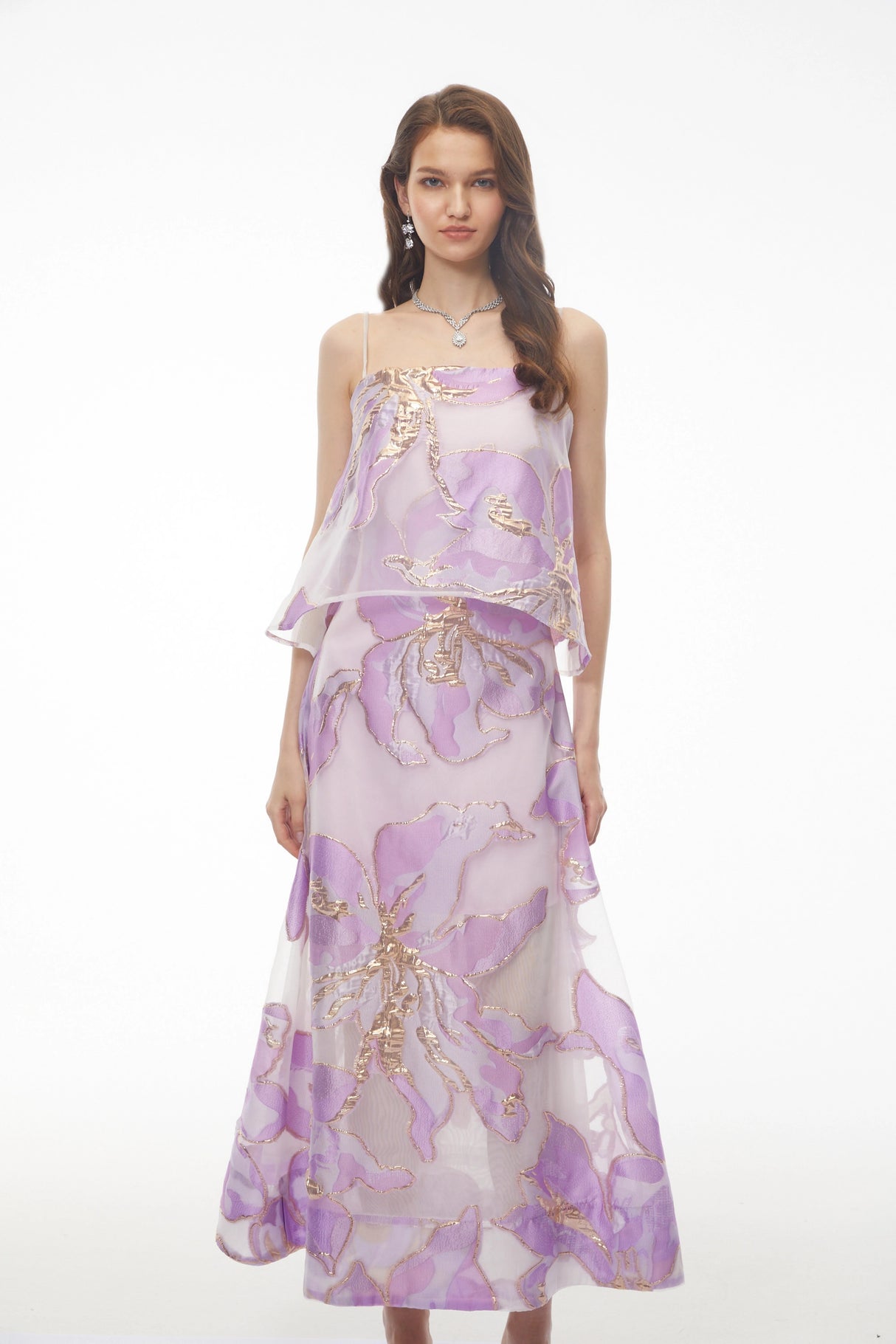 Lídia Purple Floral Print Tiered Maxi Dress