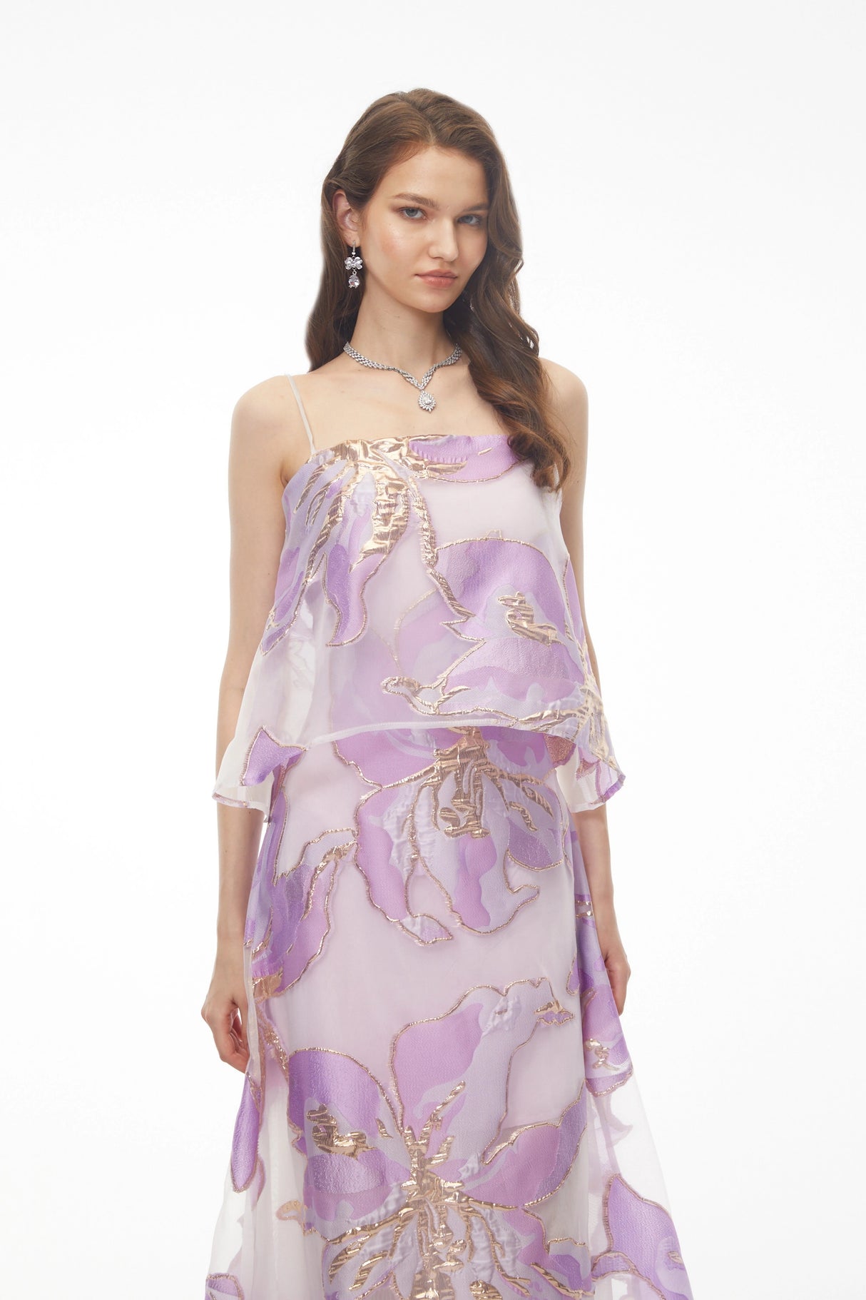 Lídia Purple Floral Print Tiered Maxi Dress