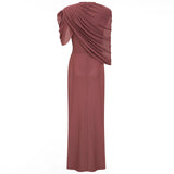 Liliana Brown Asymmetrical Ruched Cape Maxi Dress
