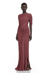 Liliana Brown Asymmetrical Ruched Cape Maxi Dress