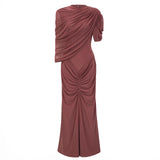 Liliana Brown Asymmetrical Ruched Cape Maxi Dress