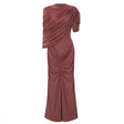Liliana Brown Asymmetrical Ruched Cape Maxi Dress