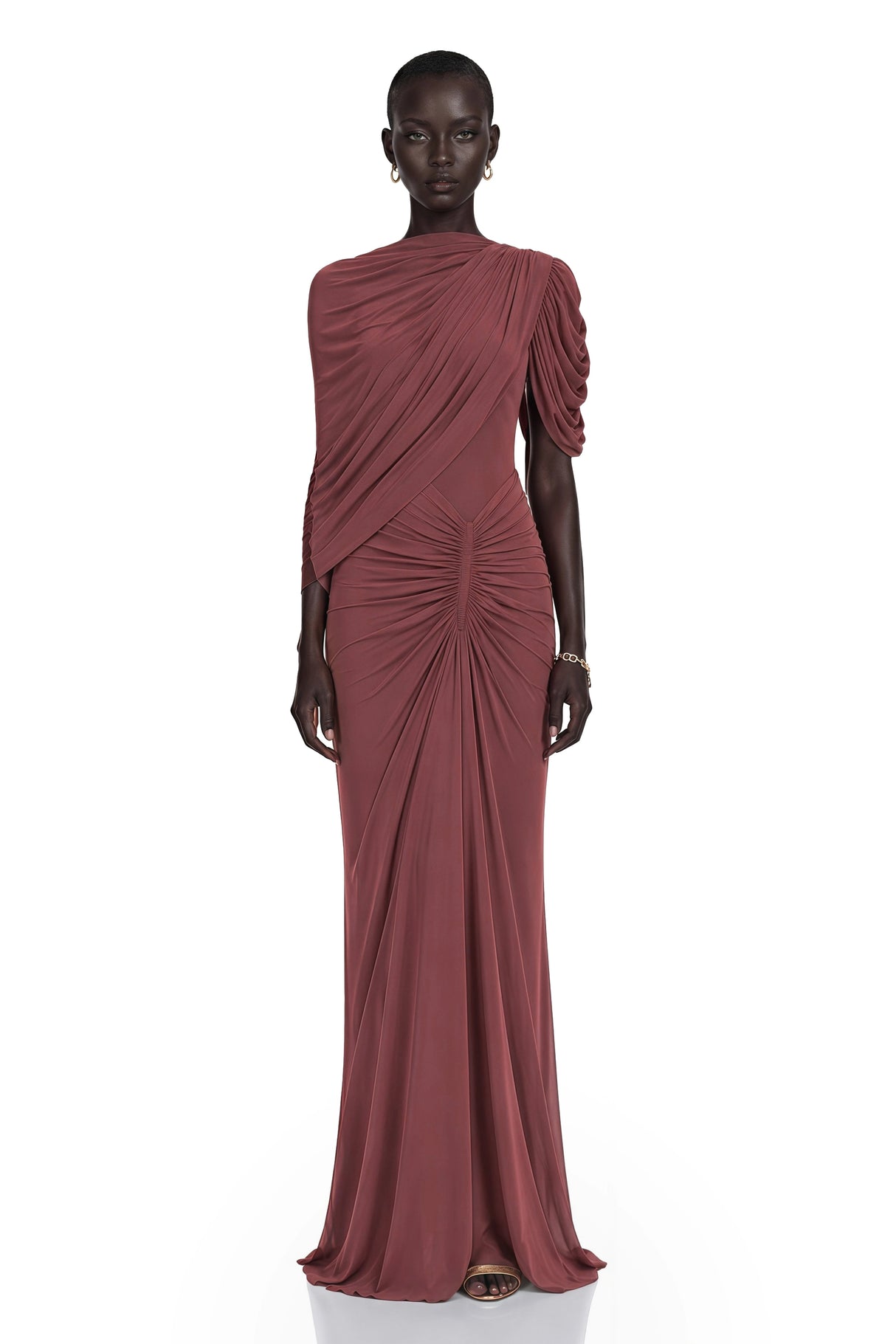 Liliana Brown Asymmetrical Ruched Cape Maxi Dress