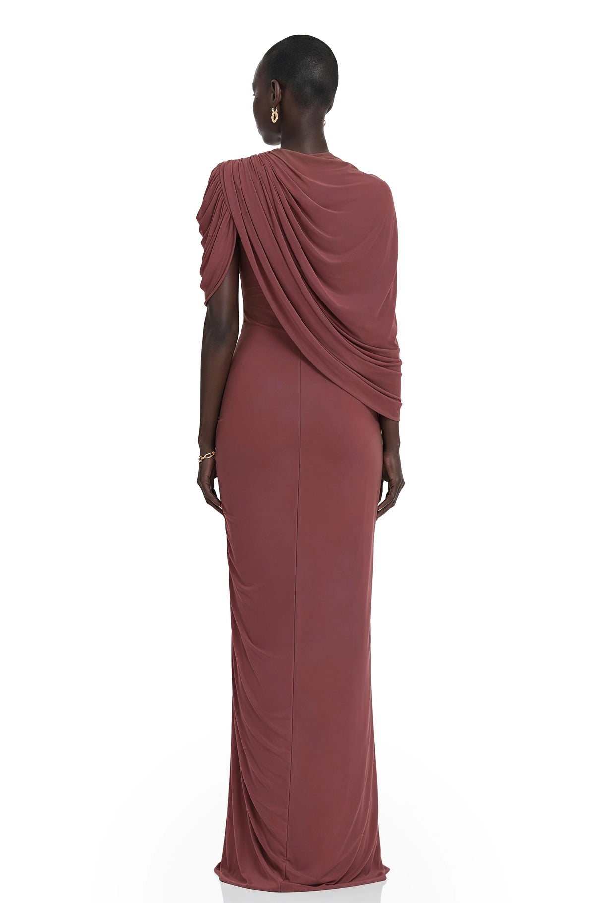 Liliana Brown Asymmetrical Ruched Cape Maxi Dress