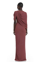 Liliana Brown Asymmetrical Ruched Cape Maxi Dress