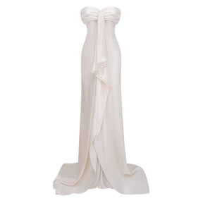 Lilla Beige Strapless Ruffled Satin Maxi Dress