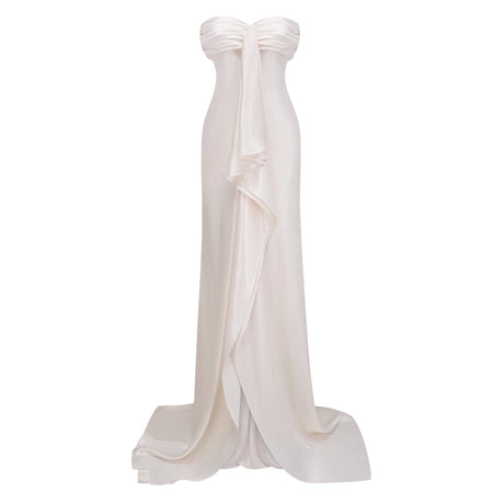 Brielle Maxi Dress Beige Strapless Ruffled Satin