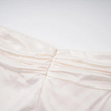 Lilla Beige Strapless Ruffled Satin Maxi Dress