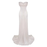 Lilla Beige Strapless Ruffled Satin Maxi Dress