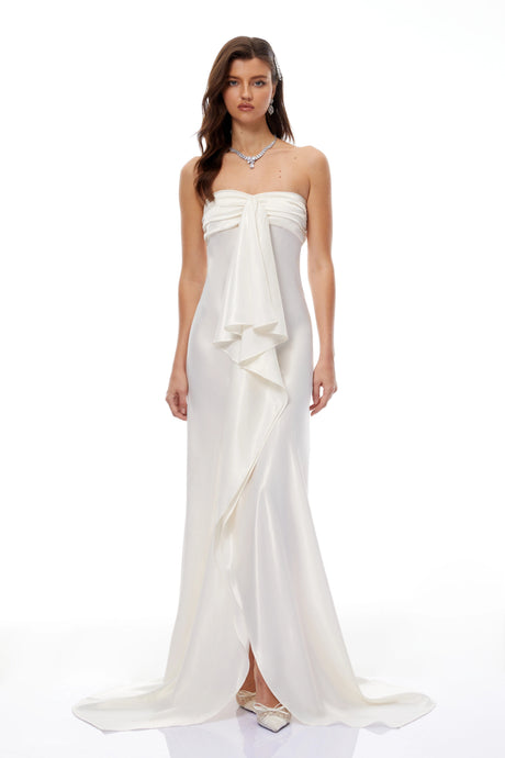 Brielle Maxi Dress Beige Strapless Ruffled Satin