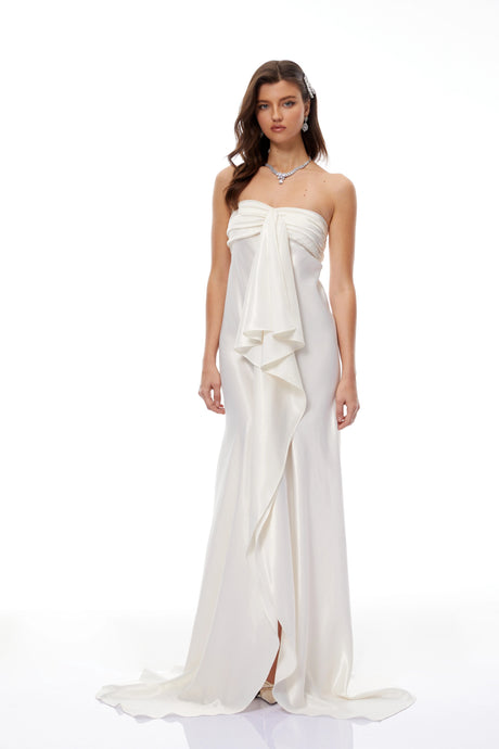 Brielle Maxi Dress Beige Strapless Ruffled Satin