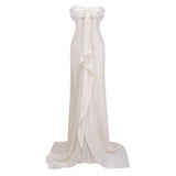 Lilla Beige Strapless Ruffled Satin Maxi Dress