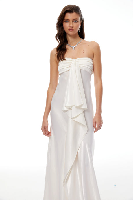 Brielle Maxi Dress Beige Strapless Ruffled Satin