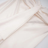 Lilla Beige Strapless Ruffled Satin Maxi Dress