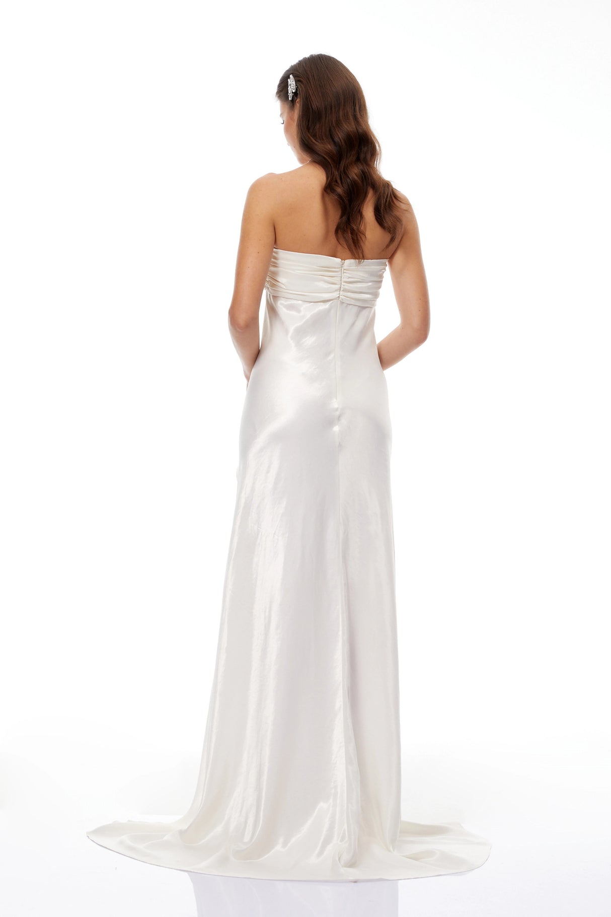 Lilla Beige Strapless Ruffled Satin Maxi Dress