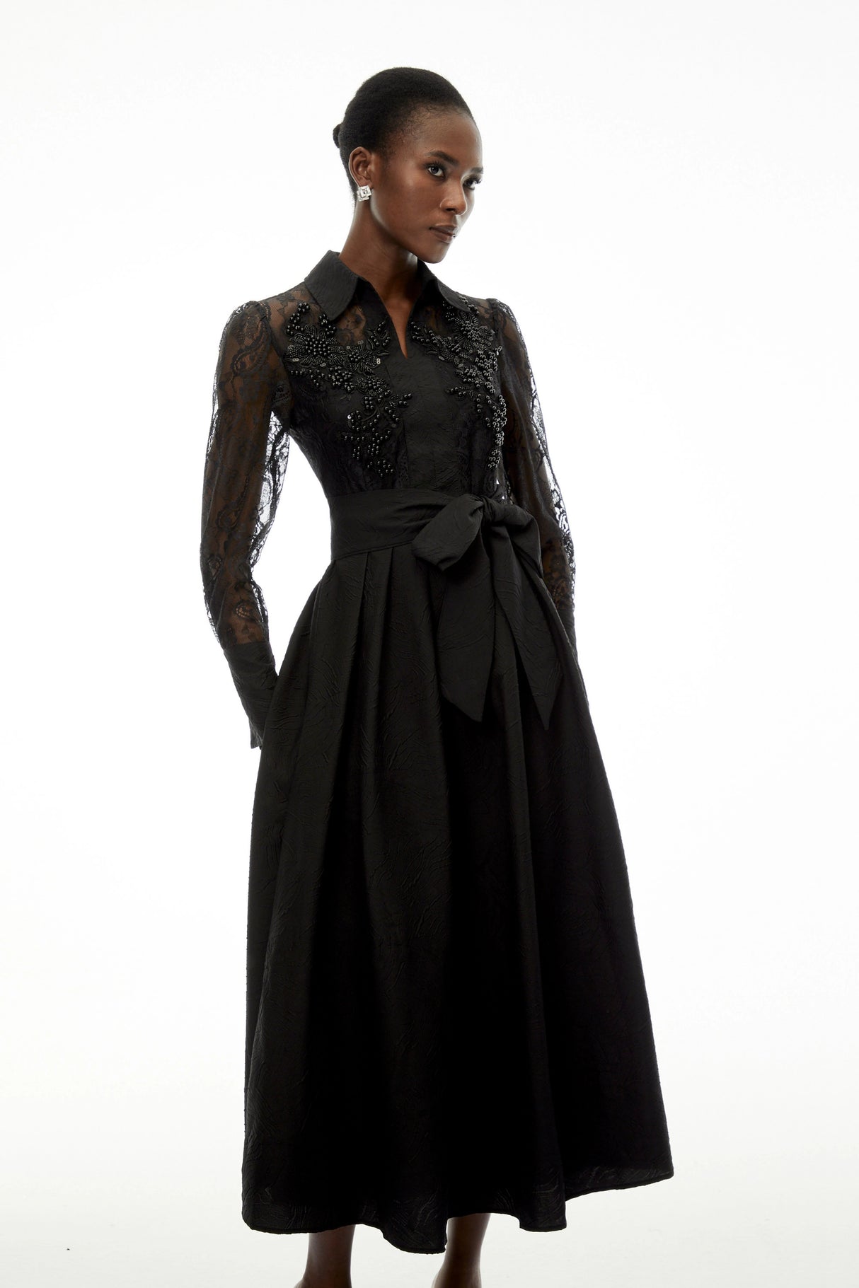 Lilliana Black Lace Midi Dress with Lapel Collar